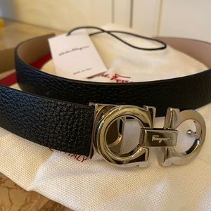 Ferragamo Black Leather Silver Buckle belt NEW IN BOX